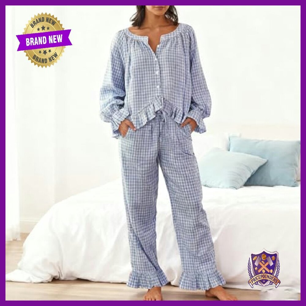 Women's Long Sleeve Cotton Pajama Set 2 Piece Ruffle Pjs Loungewear - Picture 3 of 8